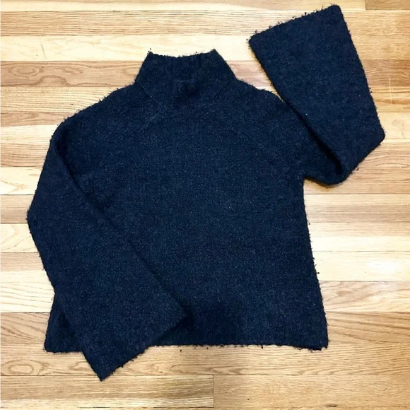 ULLA JOHNSON Amina Sweater Mock Neck Bell Sleeve Navy Blue Wool Cashmere